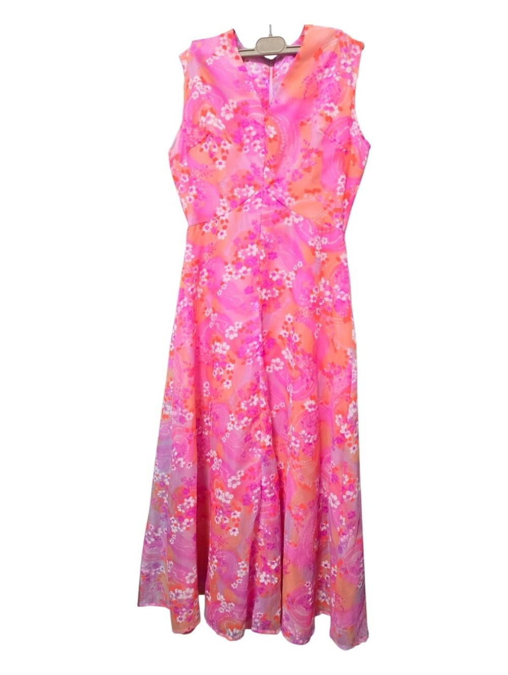 Pink Coral Floral Long Dress Sleeveless PTP 18 Inches